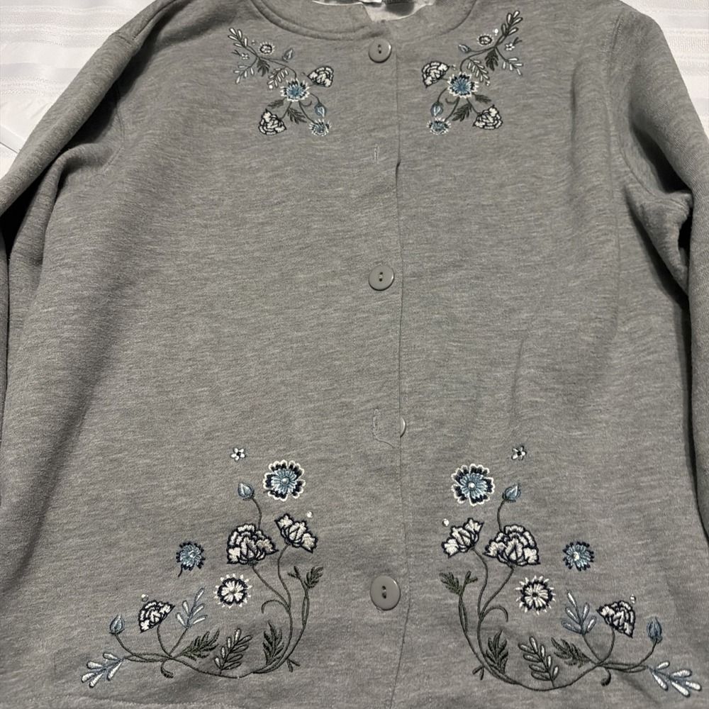 Bonnie Evans Womens Large Gray Floral Embroidered Rhinestone Sweatshirt Cardigan